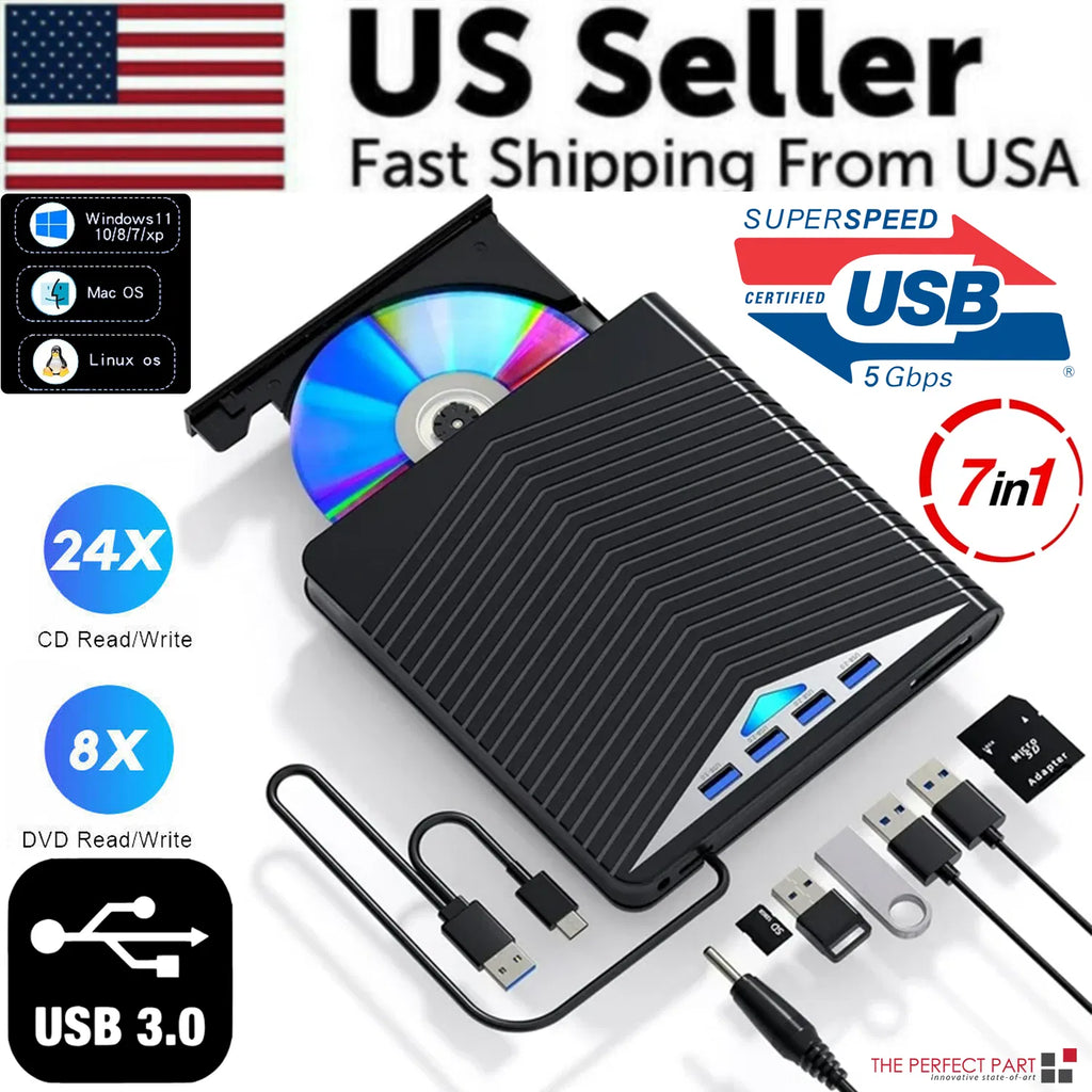 External CD DVD Drive For PC Laptop Windows 11 10 USB 3.0 Burner Reader Writer