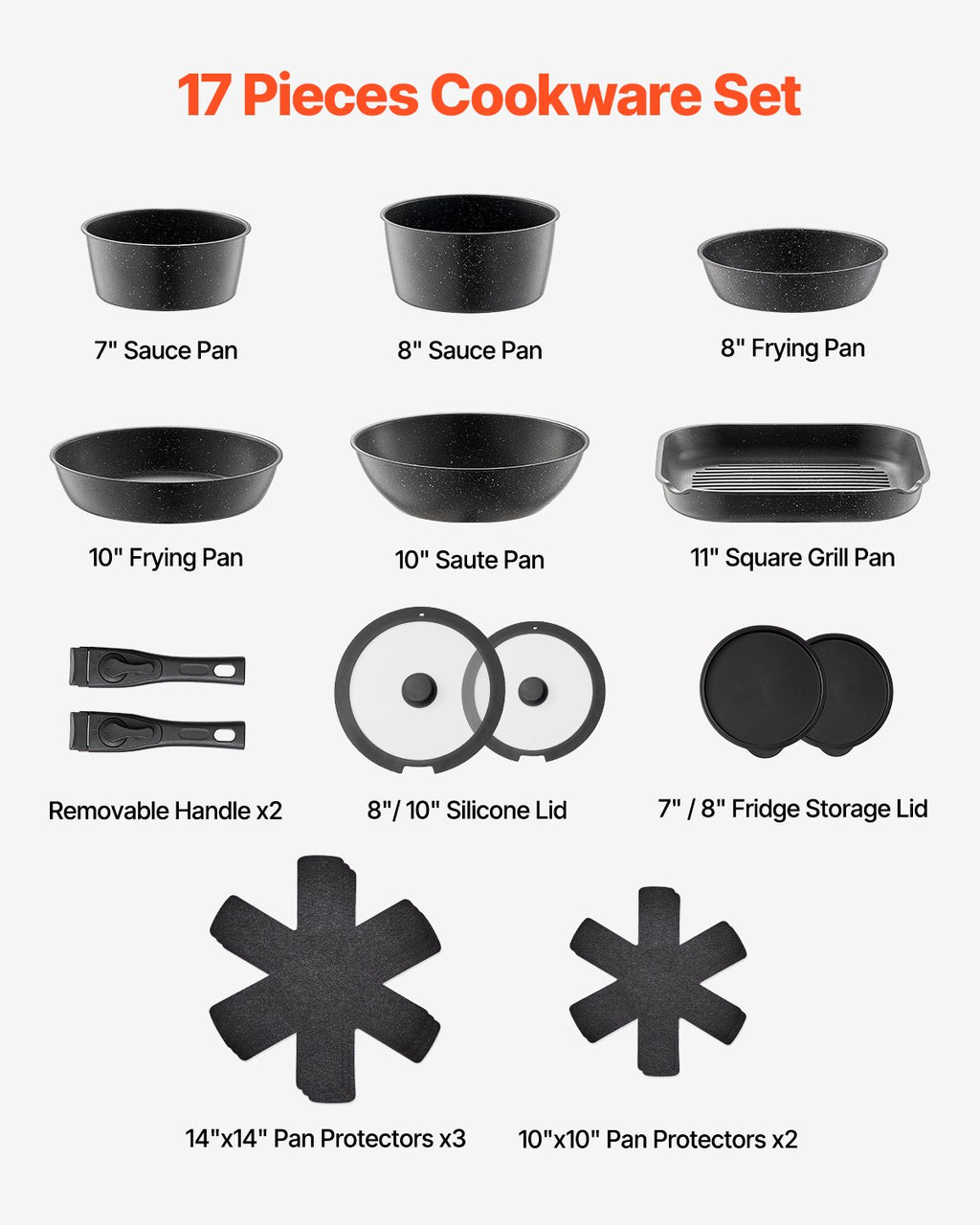 17 Piece Pots And Pans Set Granite Nonstick Kitchen Cookware Induction Black