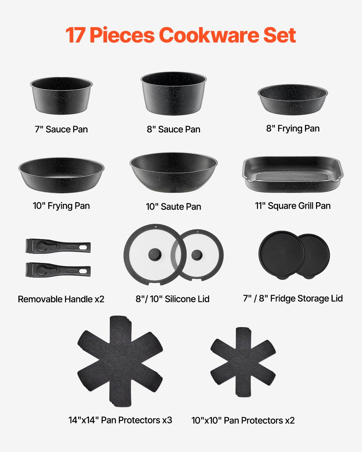 17 Piece Pots And Pans Set Granite Nonstick Kitchen Cookware Induction Black