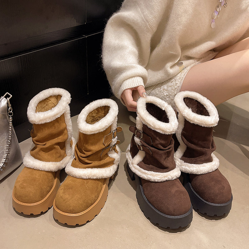 Women's Brown Suede Snow Boots Paired With White Fluffy Thick-soled Martin-style Short Boots, Comfortable Winter Ankle Boots With Sparkling Outfit And Creative Design