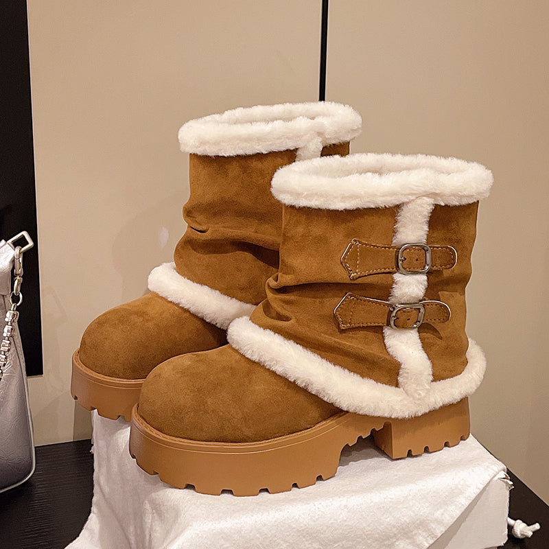 Women's Brown Suede Snow Boots Paired With White Fluffy Thick-soled Martin-style Short Boots, Comfortable Winter Ankle Boots With Sparkling Outfit And Creative Design
