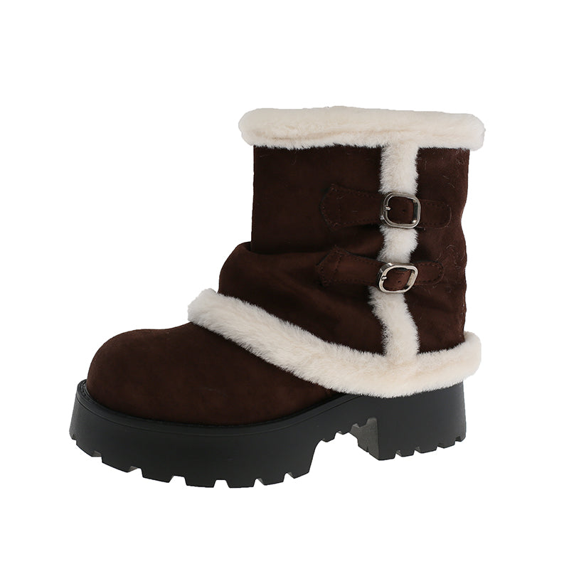 Women's Brown Suede Snow Boots Paired With White Fluffy Thick-soled Martin-style Short Boots, Comfortable Winter Ankle Boots With Sparkling Outfit And Creative Design