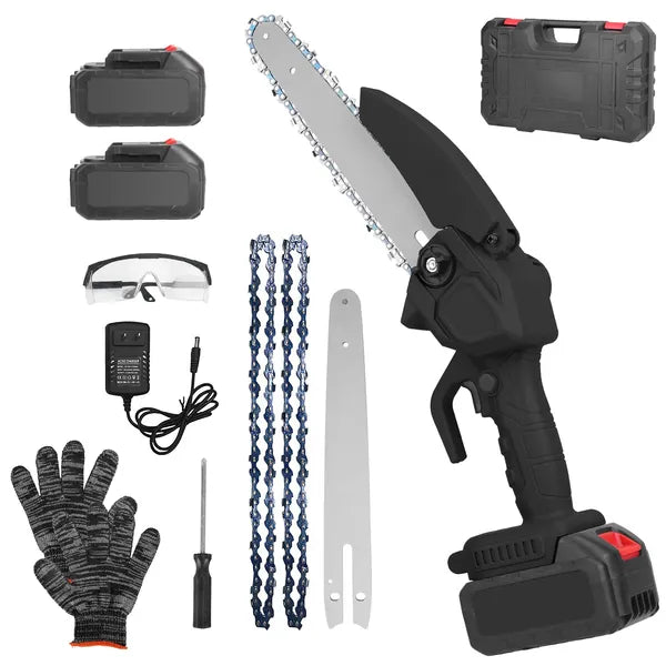 Electric Mini Chainsaw Portable Handheld Cordless Small Chain Saw Battery Powered With 2Pcs 1200mAh Rechargeable Batteries 8in Chains Gloves Goggles For Pruning Trees Wood Cutting