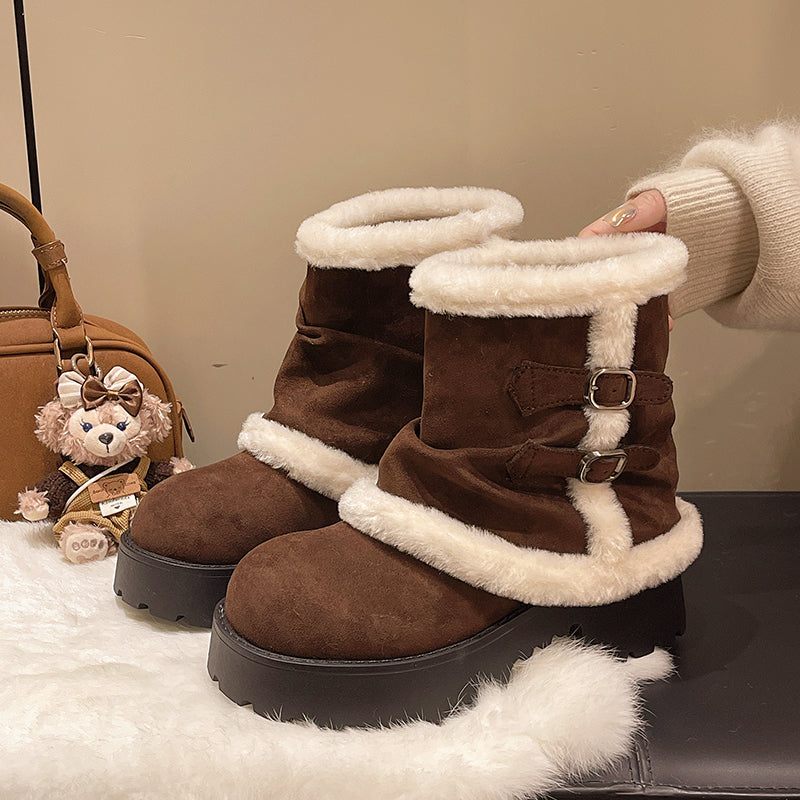 Women's Brown Suede Snow Boots Paired With White Fluffy Thick-soled Martin-style Short Boots, Comfortable Winter Ankle Boots With Sparkling Outfit And Creative Design