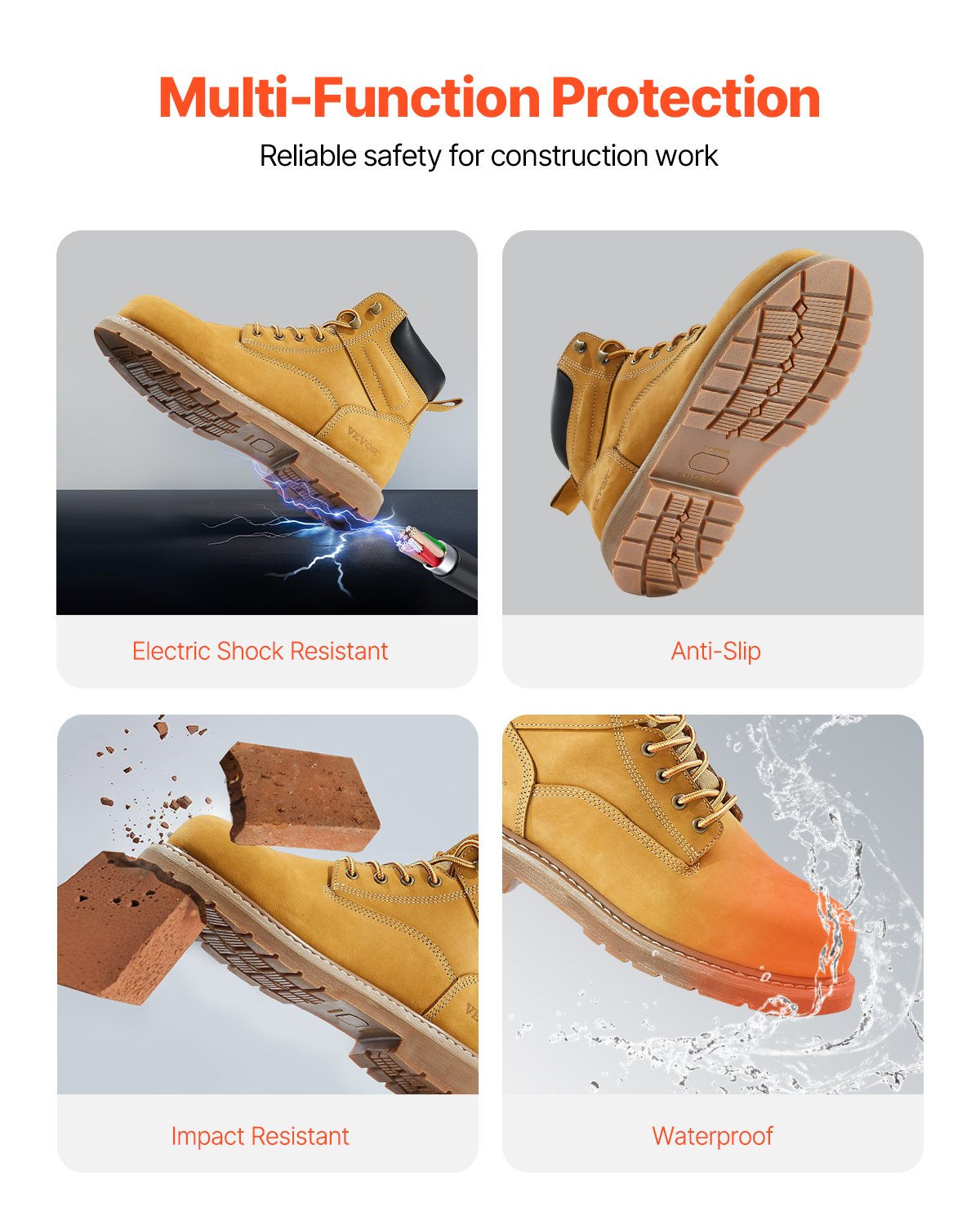 Steel Toe Work Boots, UK Size 9, Waterproof Work Boots For Men, Slip-Resistant Work Boot, Lightweight And Breathable Rubber Sole Mens Boots For Industry Construction, Brown Yellow