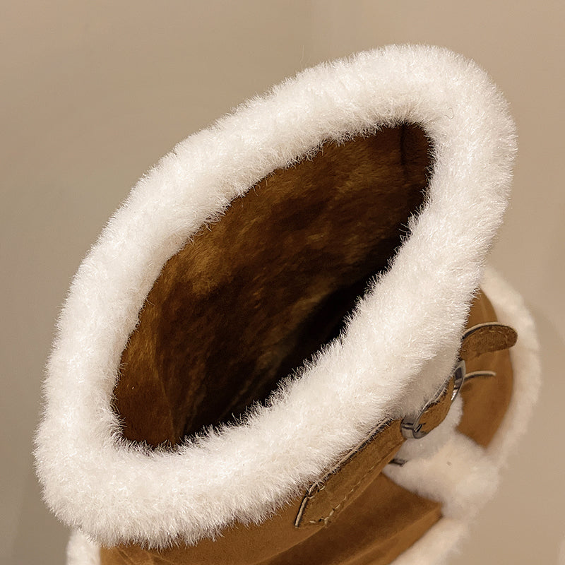 Women's Brown Suede Snow Boots Paired With White Fluffy Thick-soled Martin-style Short Boots, Comfortable Winter Ankle Boots With Sparkling Outfit And Creative Design