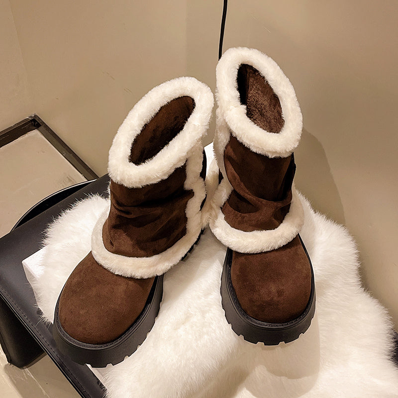 Women's Brown Suede Snow Boots Paired With White Fluffy Thick-soled Martin-style Short Boots, Comfortable Winter Ankle Boots With Sparkling Outfit And Creative Design