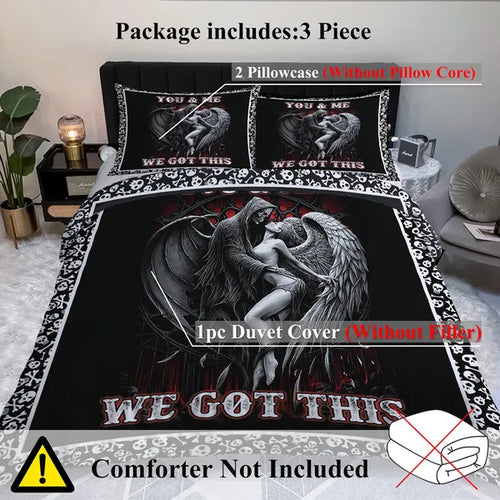 3PCS Soft And Comfortable Death And Angel Print Duvet Cover Set For Bedroom And Guest Room - Includes 1 Duvet Cover And 2 Pillowcases All Season