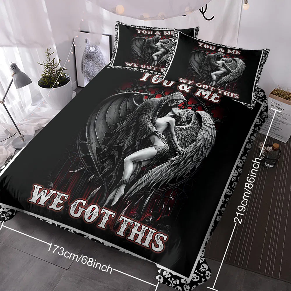3PCS Soft And Comfortable Death And Angel Print Duvet Cover Set For Bedroom And Guest Room - Includes 1 Duvet Cover And 2 Pillowcases All Season