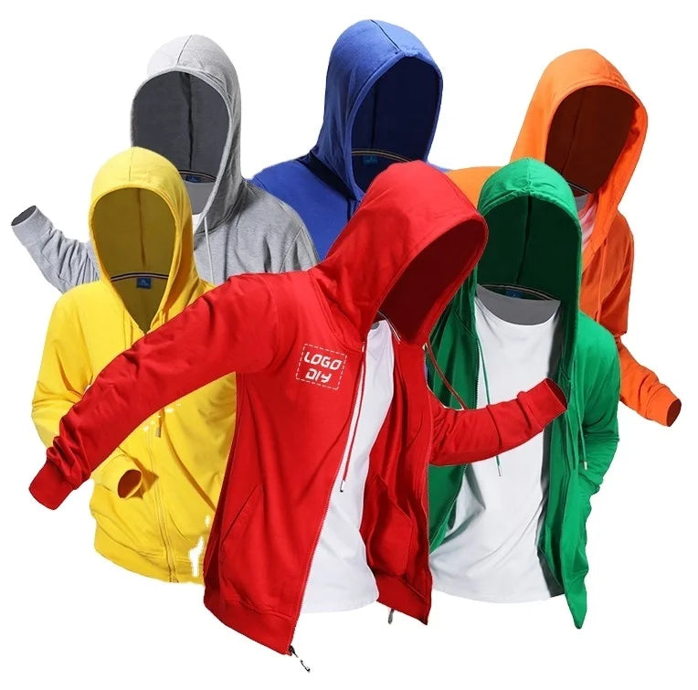 Custom Logo Thin Zipper Men's Hoodies Plus Size 100% Cotton Hooded Sweatshirts Over Size Hoodies