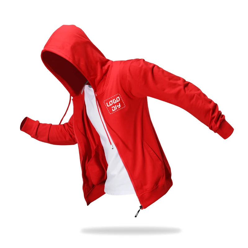 Custom Logo Thin Zipper Men's Hoodies Plus Size 100% Cotton Hooded Sweatshirts Over Size Hoodies
