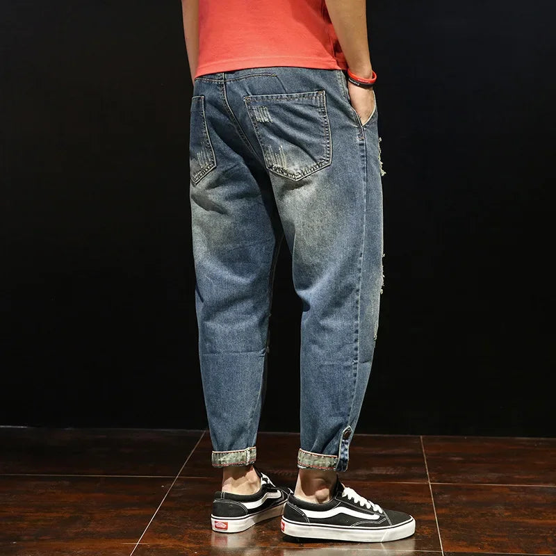 Trendy Brand Men's Jeans Loose Fit Casual Style Japanese Design Cropped Pants For Overweight Men New Arrival 2023