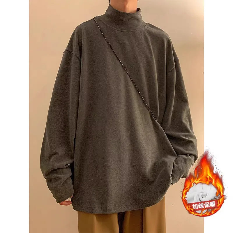 Winter T Shirt For Men Long Sleeve Tshirts Thermal Underwear Solid Color With Thin Fleece Undershirt Men Clothing Oversized