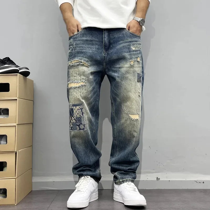 Baggy Jeans Vintage Distressed Patchwork Jeans Men's Straight Loose High Street Hip-hop Long Pants Men's Clothing Jeans for Man