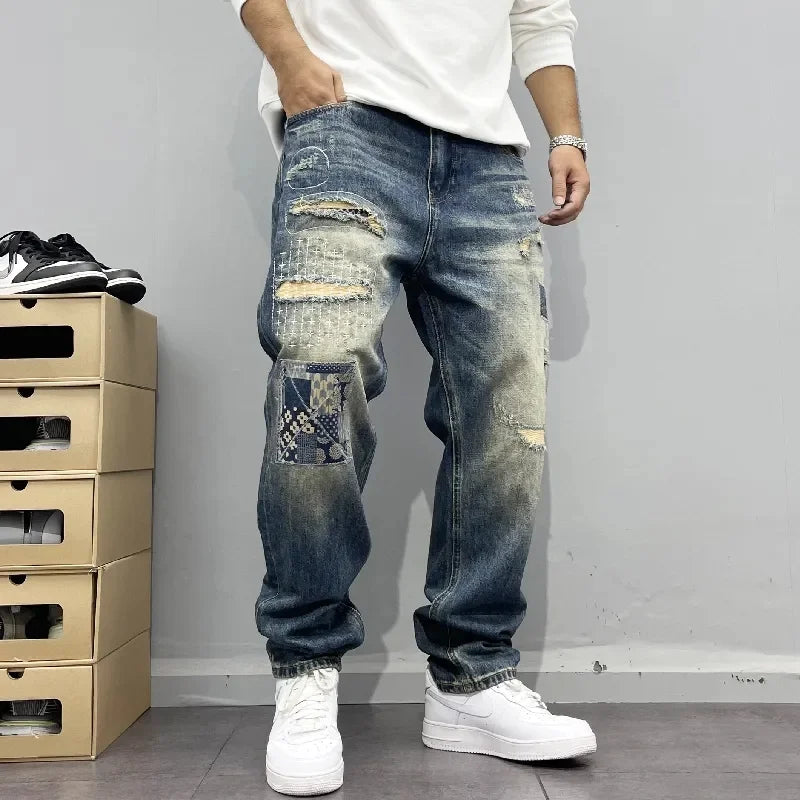 Baggy Jeans Vintage Distressed Patchwork Jeans Men's Straight Loose High Street Hip-hop Long Pants Men's Clothing Jeans for Man