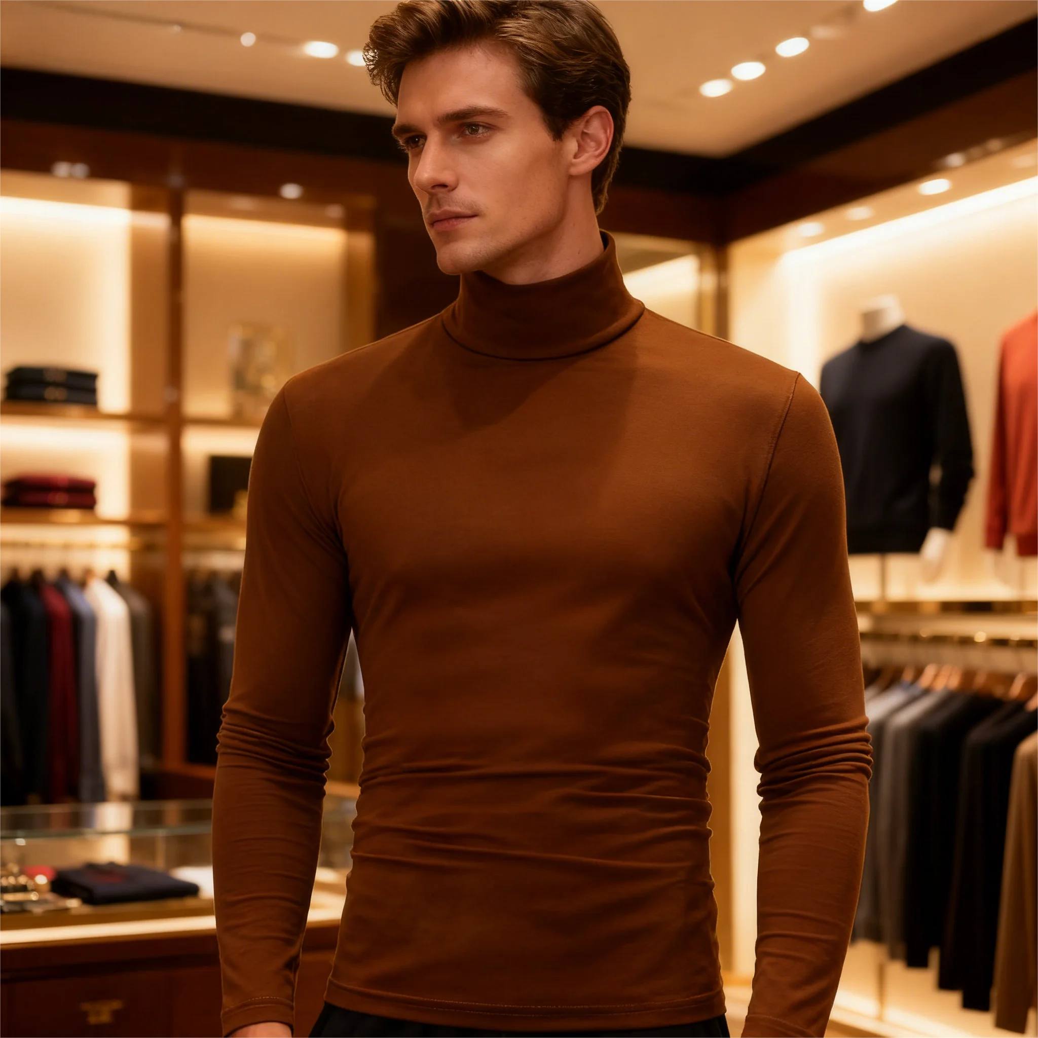 Winter T Shirt For Men Long Sleeve Tshirts Turtleneck Thermal Underwear High Quality Soft Thin fleece keep warm Shirt Homme