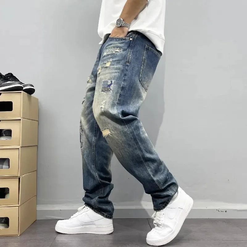 Baggy Jeans Vintage Distressed Patchwork Jeans Men's Straight Loose High Street Hip-hop Long Pants Men's Clothing Jeans for Man