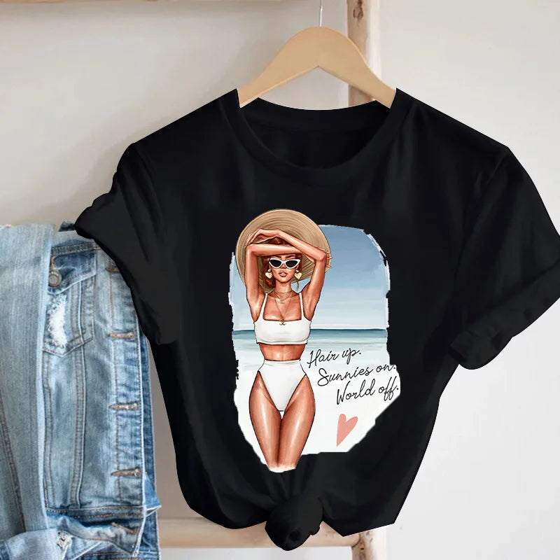 Tshirt Women Tops Tee Reading Books Girl Print Casual Ladies Aesthetic Clothes  Graphic T Shirts  Harajuku