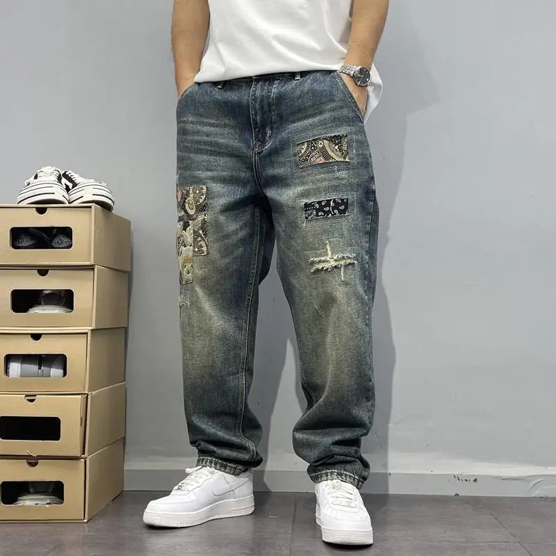 Washed Vintage Patchwork Jeans with Patches Men's Loose Straight Leg Pants High Street Trend