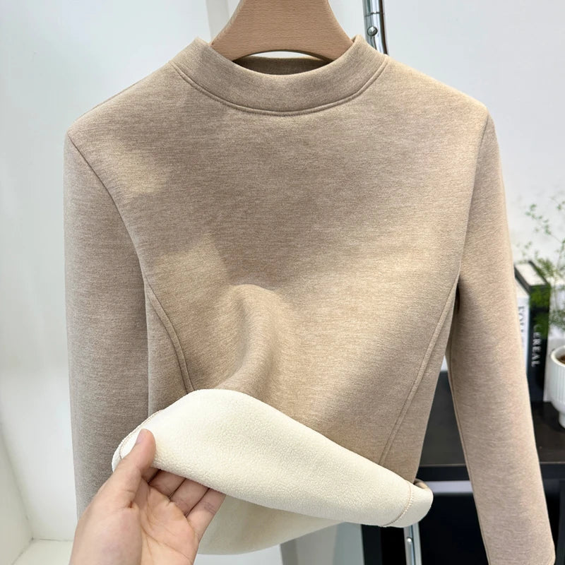 Winter Half Turtleneck Solid Long Sleeve T-Shirt Women New Thick Warm Tops Soft Pullovers Simple Chic Clothes for Cold Weather