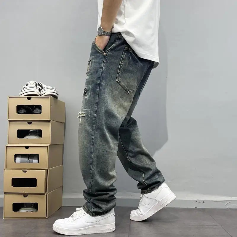 Washed Vintage Patchwork Jeans with Patches Men's Loose Straight Leg Pants High Street Trend