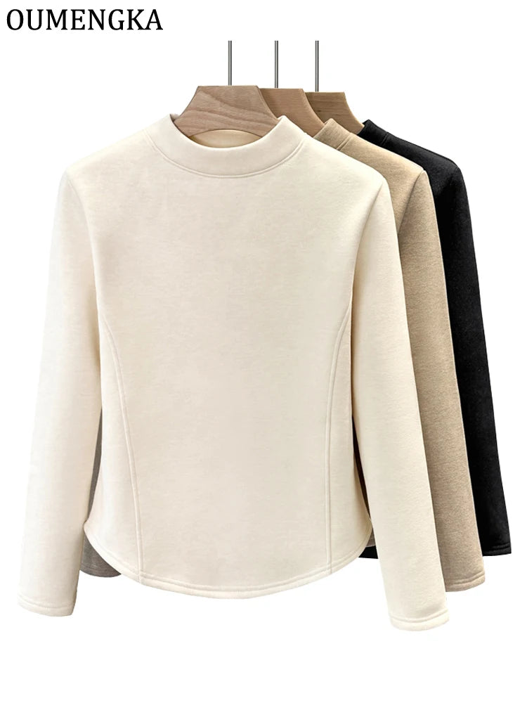 Winter Half Turtleneck Solid Long Sleeve T-Shirt Women New Thick Warm Tops Soft Pullovers Simple Chic Clothes for Cold Weather