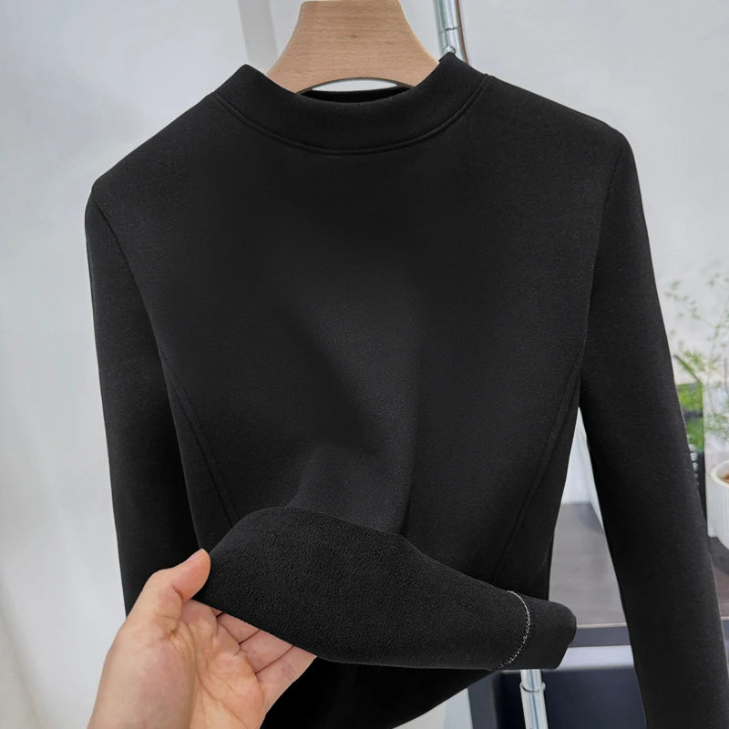 Winter Half Turtleneck Solid Long Sleeve T-Shirt Women New Thick Warm Tops Soft Pullovers Simple Chic Clothes for Cold Weather