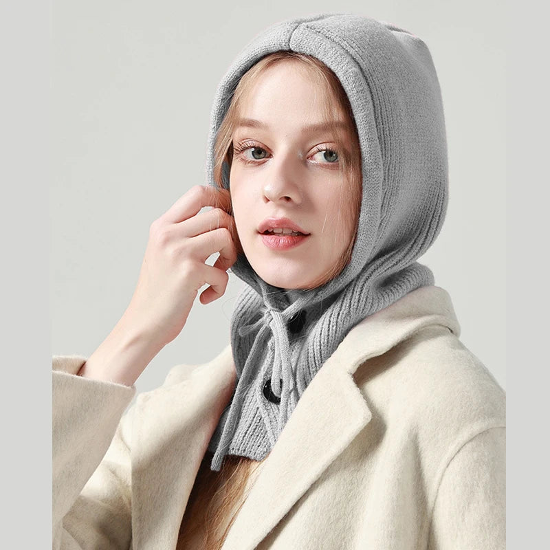 Fashion Winter Hats Scarf Set Wool Knitted Hooded Caps Balaclava Neck Warmer Scarf Shawl Gothic Pullover Hat Beanies Bonnet