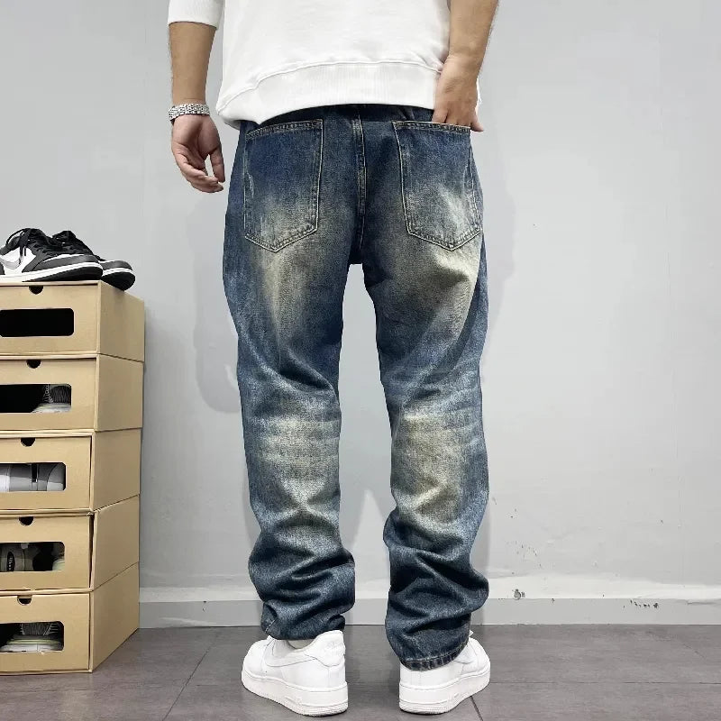 Baggy Jeans Vintage Distressed Patchwork Jeans Men's Straight Loose High Street Hip-hop Long Pants Men's Clothing Jeans for Man