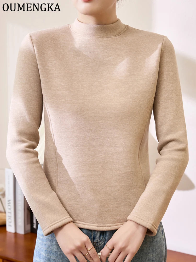 Winter Half Turtleneck Solid Long Sleeve T-Shirt Women New Thick Warm Tops Soft Pullovers Simple Chic Clothes for Cold Weather