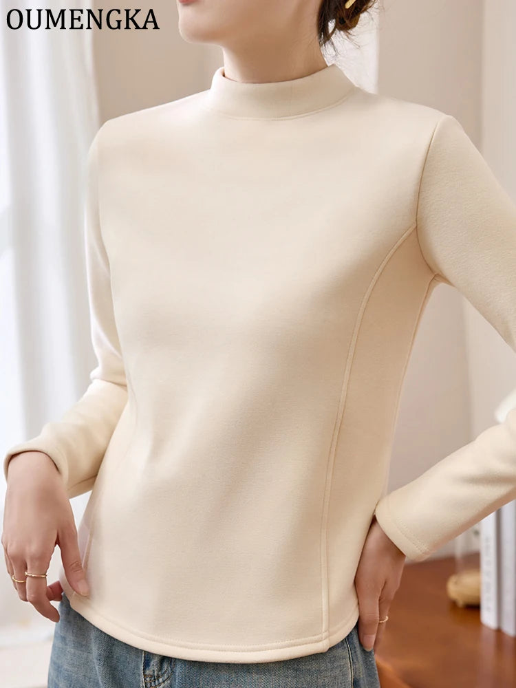 Winter Half Turtleneck Solid Long Sleeve T-Shirt Women New Thick Warm Tops Soft Pullovers Simple Chic Clothes for Cold Weather
