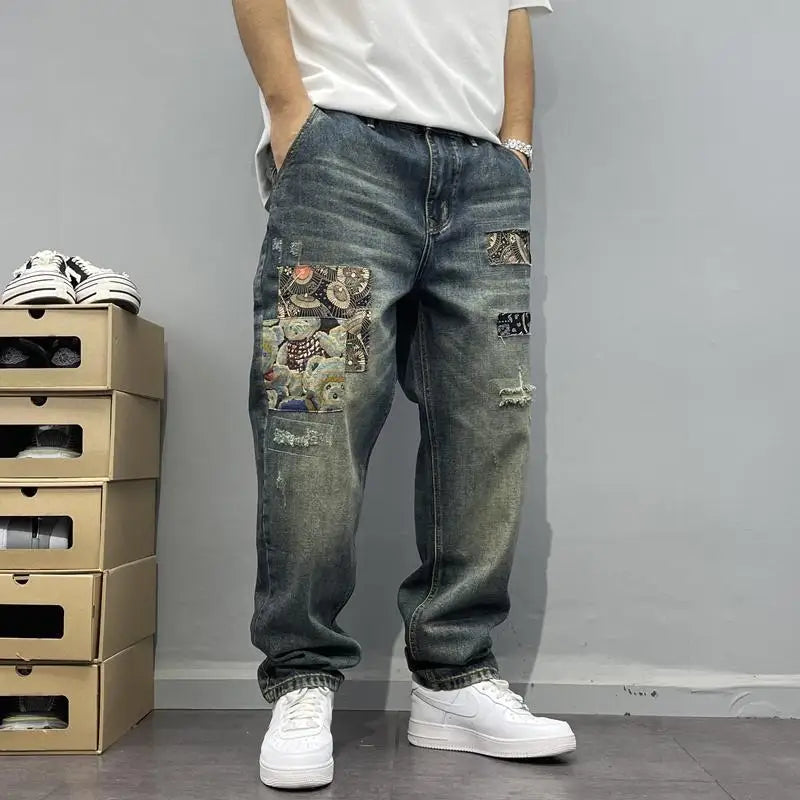 Washed Vintage Patchwork Jeans with Patches Men's Loose Straight Leg Pants High Street Trend