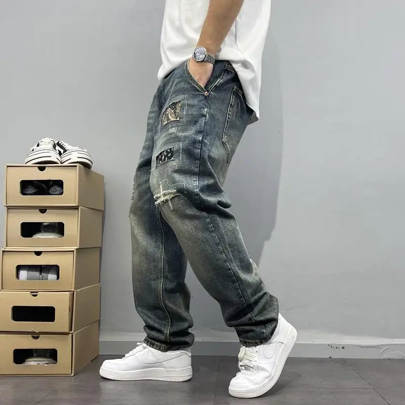 Washed Vintage Patchwork Jeans with Patches Men's Loose Straight Leg Pants High Street Trend