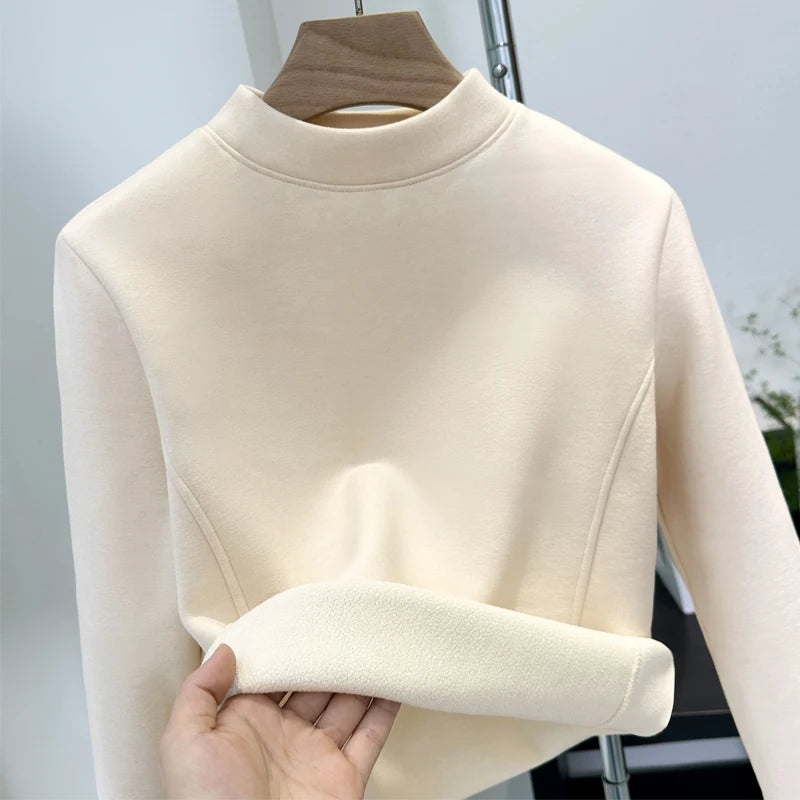 Winter Half Turtleneck Solid Long Sleeve T-Shirt Women New Thick Warm Tops Soft Pullovers Simple Chic Clothes for Cold Weather