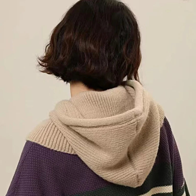 Fashion Winter Hats Scarf Set Wool Knitted Hooded Caps Balaclava Neck Warmer Scarf Shawl Gothic Pullover Hat Beanies Bonnet