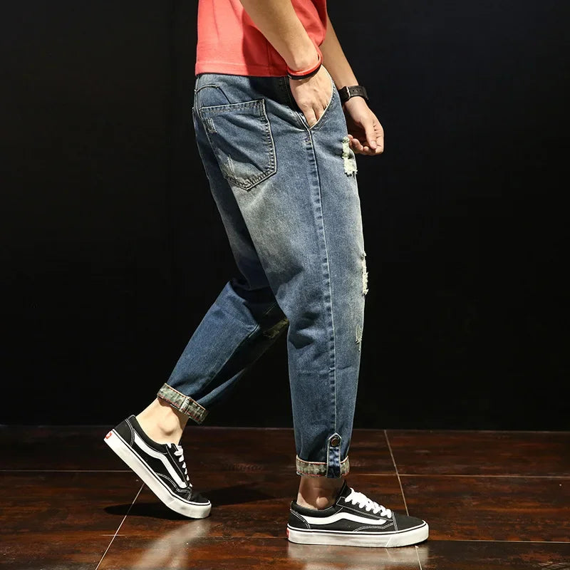Trendy Brand Men's Jeans Loose Fit Casual Style Japanese Design Cropped Pants For Overweight Men New Arrival 2023