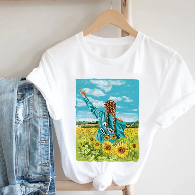 Tshirt Women Tops Tee Reading Books Girl Print Casual Ladies Aesthetic Clothes  Graphic T Shirts  Harajuku
