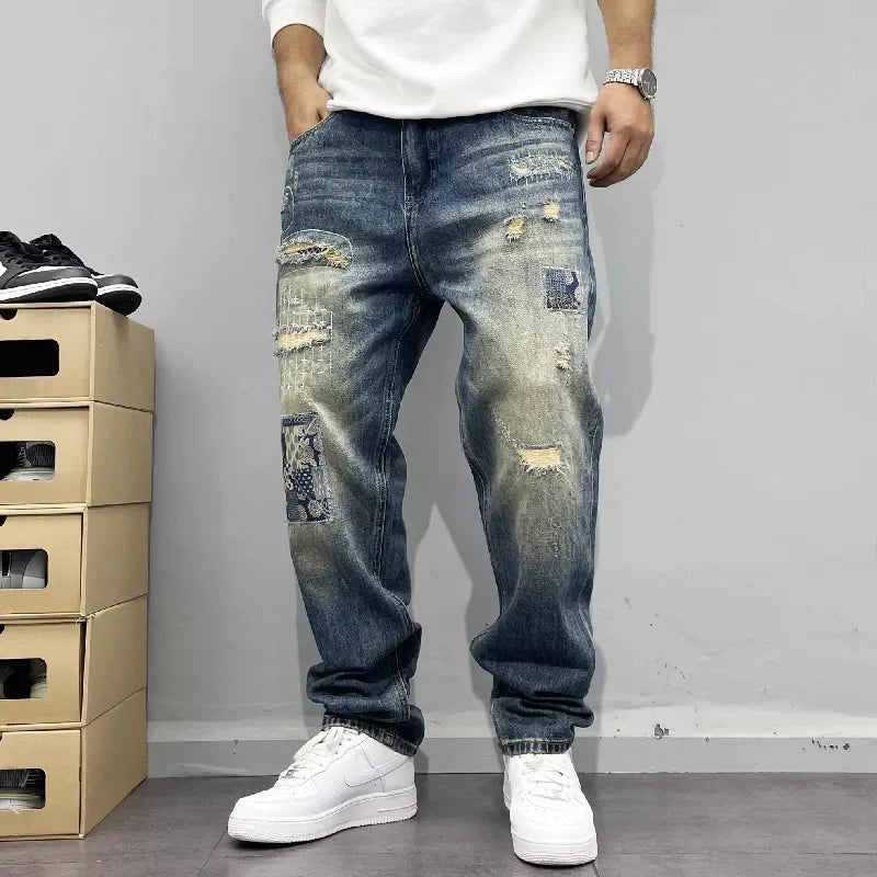 Baggy Jeans Vintage Distressed Patchwork Jeans Men's Straight Loose High Street Hip-hop Long Pants Men's Clothing Jeans for Man