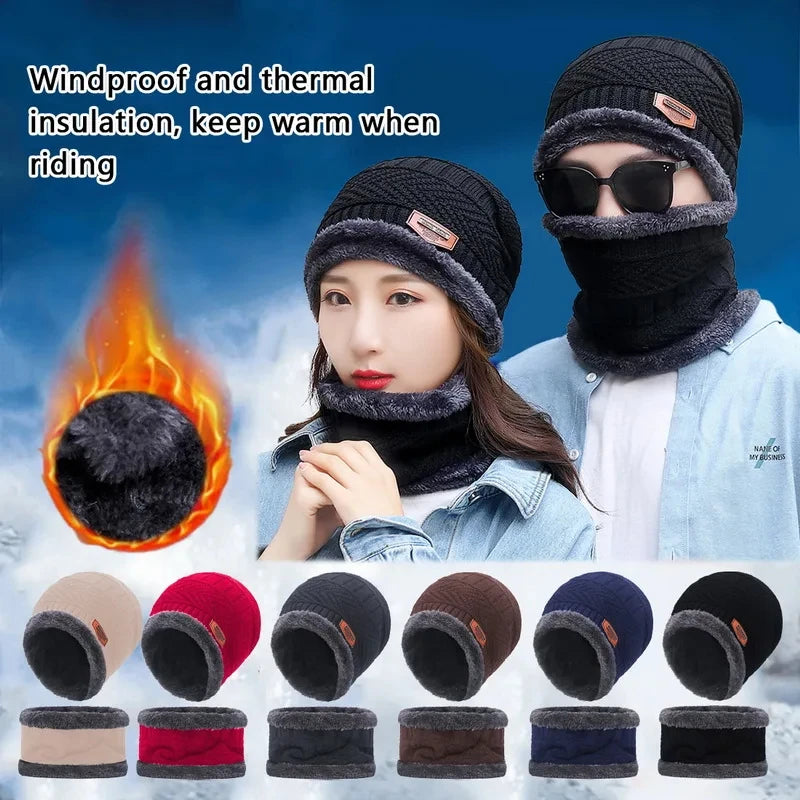 Winter Hat For Men Fleece Scarf Women Neck Leather Knitted Cap Thick Wool Neck Warmer Balaclava Ski Mask Skullies Beanies