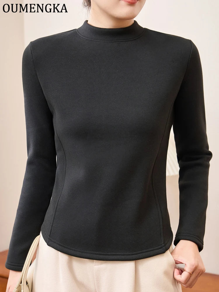 Winter Half Turtleneck Solid Long Sleeve T-Shirt Women New Thick Warm Tops Soft Pullovers Simple Chic Clothes for Cold Weather