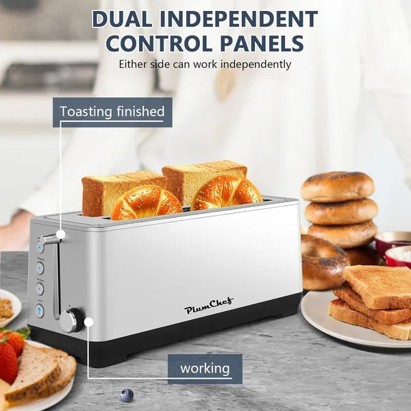 4-Slice Toaster, Extra Wide Long Slot Toaster, 6 Browning Settings, Bagel/Defrost/Reheat Functions, Removable Crumb Tray, Stainless Steel Housing, Silver
