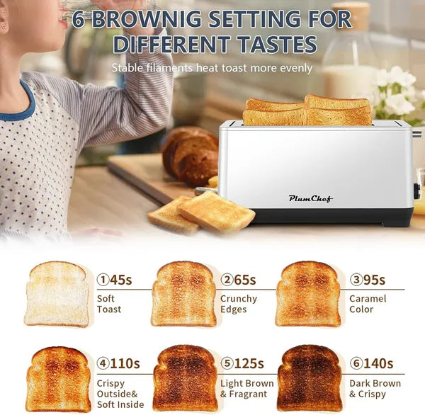 4-Slice Toaster, Extra Wide Long Slot Toaster, 6 Browning Settings, Bagel/Defrost/Reheat Functions, Removable Crumb Tray, Stainless Steel Housing, Silver