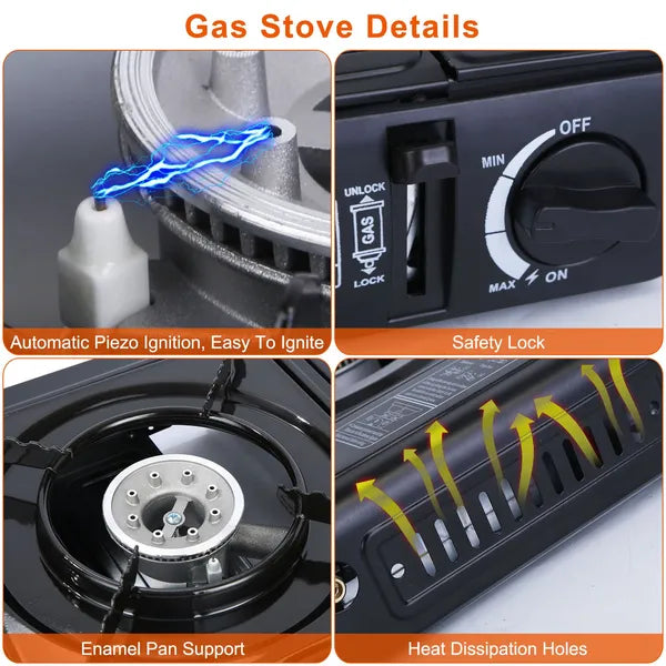 3300W Portable Camping Stove Butane Canister Dual Fuel Burner Piezo Electric Ignition Single Burner With Automatic Tank Ejection Overpressure Cut Off Carry Case